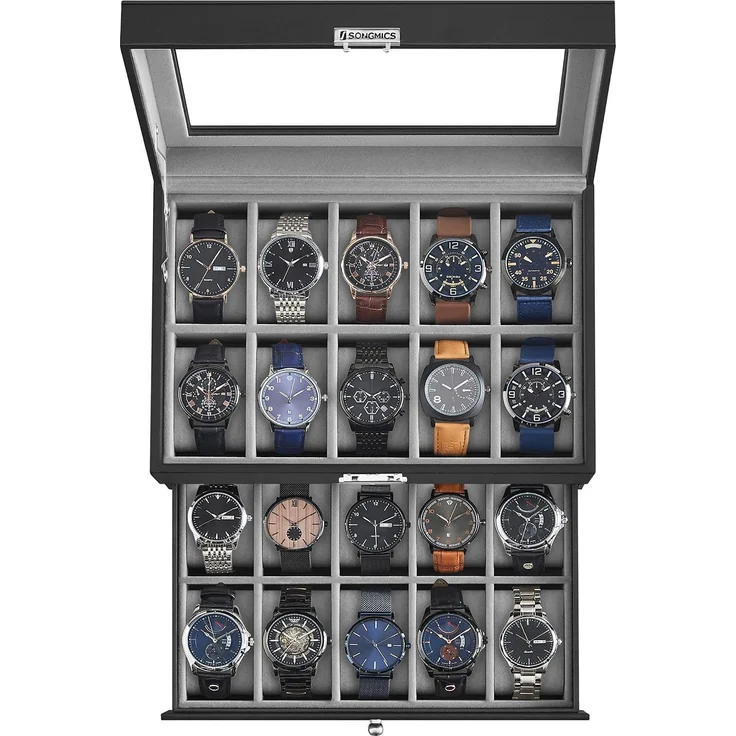 SONGMICS Uhrenbox, Uhrenkasten mit Glasdeckel, 2 Ebenen, Uhrenkoffer mit herausnehmbaren Uhrenkissen, Uhrenschatulle, Geschenkidee, PU-Bezug in Schwarz, Samtfutter in Grau JWB020 – Bild 1