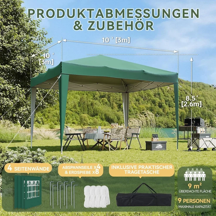 Aoxun Pop Up Pavillon 3x3 Wasserdicht mit 4 Seitenwänden, Metallrahmen-Schutzzelt, Höhe Verstellbar, 3mx3m Faltpavillon mit Tragetasche für Camping Party, Grün – Bild 2