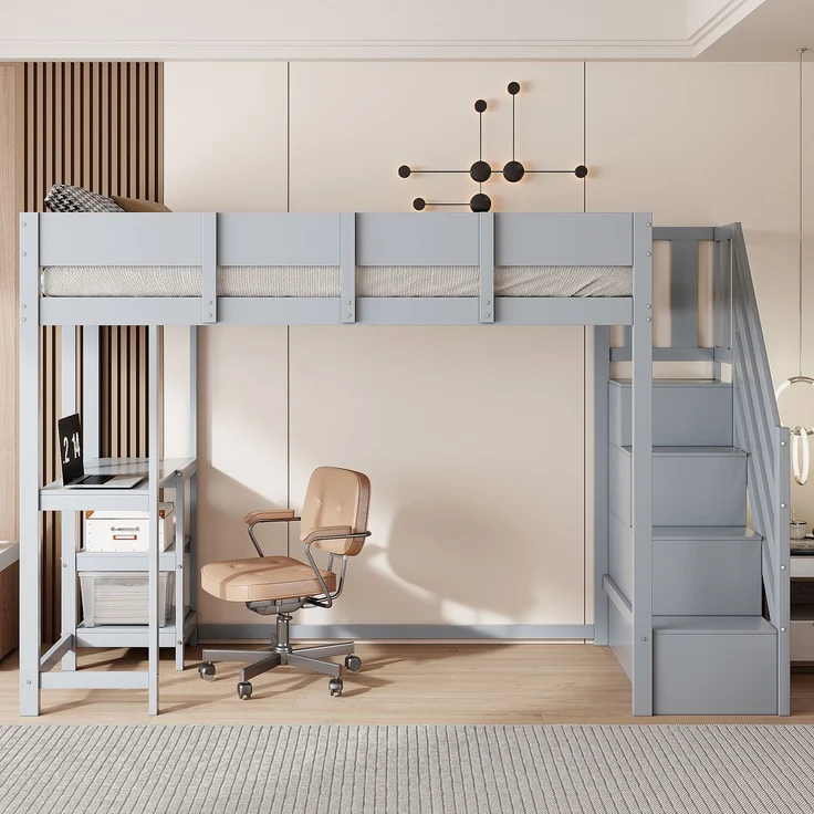 Hochbett 90x200 cm Kinderbett aus massivem Kiefernholz mit Stauraum,Treppe & Ablageregal,platzsparend,sicher,Grau – Bild 3