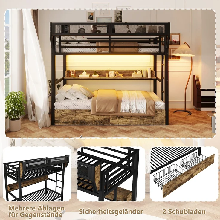 Etagenbett, 90 x 200 cm, Eisenbett, Ablagebord, Aufbewahrungskorb, 2 Eisenschubladen, LED-Licht,ohne Matratze, Schwarz – Bild 6