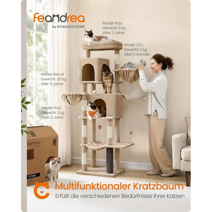 Feandrea Kratzbaum, 175 cm hoch, XL, mehrstöckiger Katzenbaum mit 2 Höhlen, 2 Liegemulden, 5 Kratzsäulen, Katzenbürste, große Plattform, Kamelbraun PCT182K01 – Bild 3