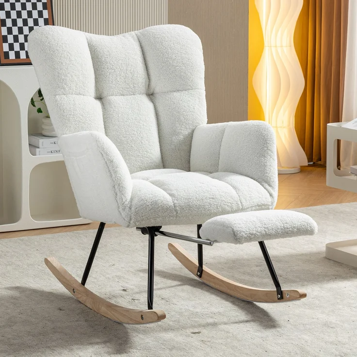 Teddy-Schaukelstuhl mit Holz- & Metallrahmen,ergonomisch gepolstert,Weiß,leises Design für Wohnzimmer, Schlafzimmer & Büro – Bild 4