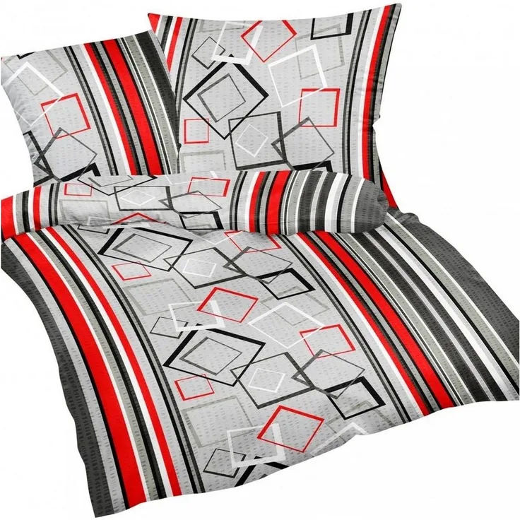 Heubergshop Bettwäsche, Seersucker, 2 teilig, 135x200cm + 80x80cm - Modern gestreift rot grau 100% Baumwolle (305/6)