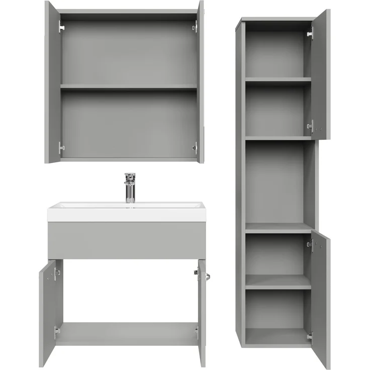 Badplaats Badmöbel Komplettset Montreal 60x35 cm Grau Matt - Badezimmermöbel mit Waschbecken, Spiegelschrank und Badezimmerschrank – Bild 3