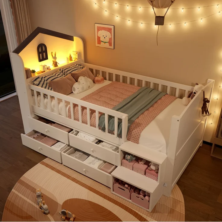 Halbhohes Kinderbett 90x200 cm in Hausform mit LED, 4 Schubladen, Regalen und Leiter, Weiß – Bild 2