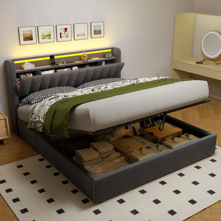 Polsterbett 180 x 200 cm aus Samt mit integriertem Stauraum, USB-Anschluss und LED-Beleuchtung, Dunkelgrau – Bild 2