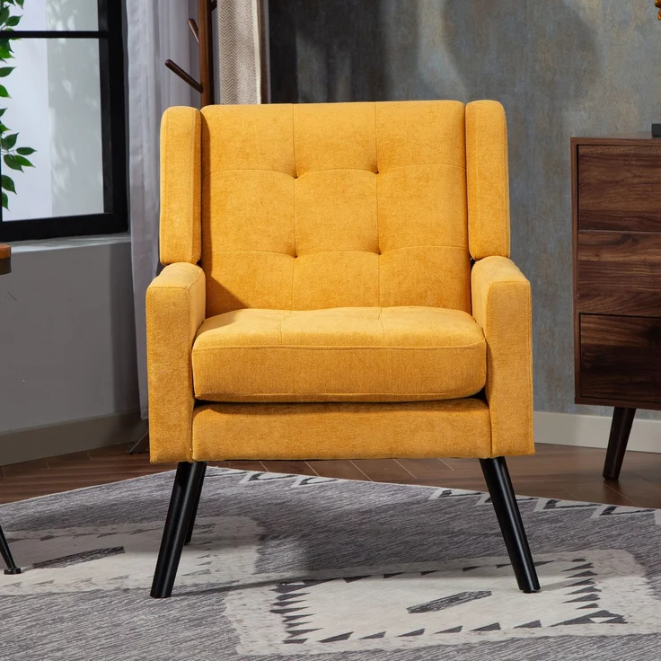 LVHOM Sessel aus Leinenstoff mit Knopfsteppung, Relaxsessel mit Massivholzbeinen, Polstersessel für Wohnzimmer & Büro, bis 130kg, Gelb – Bild 6