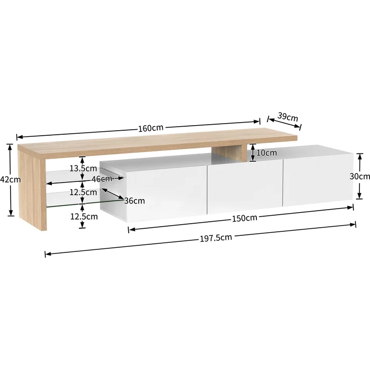 TV-Schrank 197,5 cm Weiß Hochglanz Holzoptik mit LED Beleuchtung, Lowboard mit Stauraum und Glasböden – Bild 10