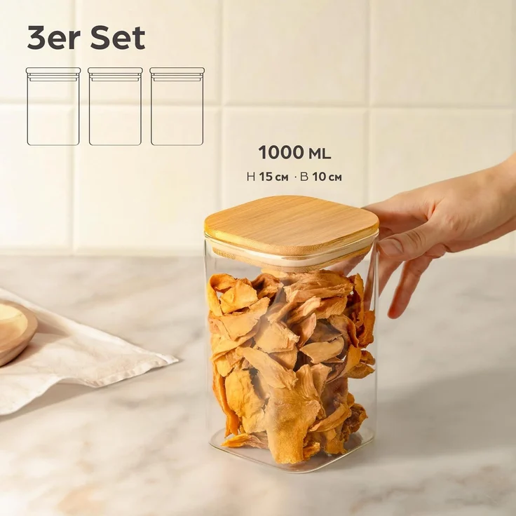 Praknu Vorratsglas Vorratsdosen mit Deckel luftdicht Glas - 3er Set Vorratsgläser eckig, Borosilikatglas, (Set, 3-tlg), Aufbewahrung Küche Lebensmittel aus Glas rechteckig mit Bambusdeckel – Bild 2