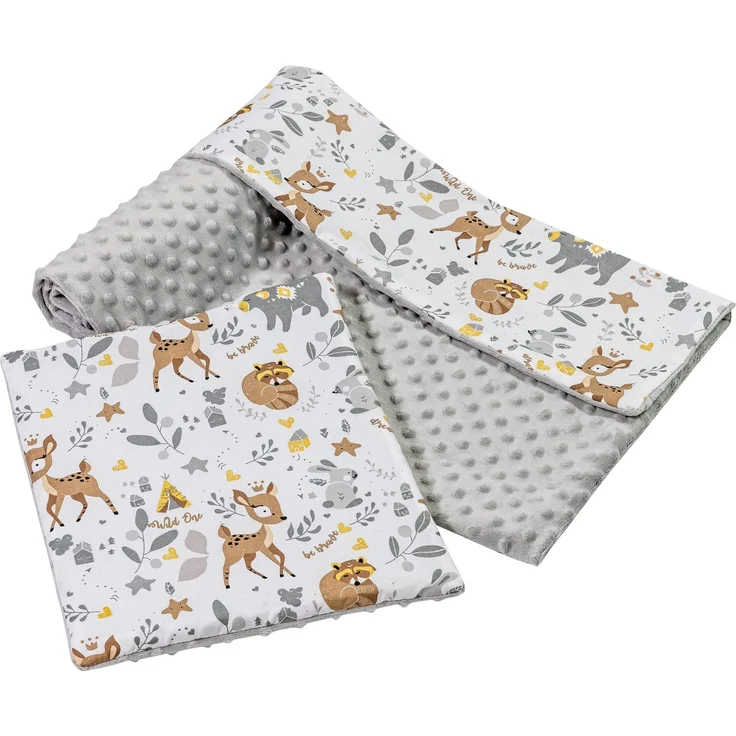 Babydecke Krabbeldecke mit Kissen 100% Baumwolle Minky Kinderdecke groß zweiseitig 75x100 + 35x30cm multifunktional für Bett Kinderwagen Medi Partners (REH mit grauem Minky)