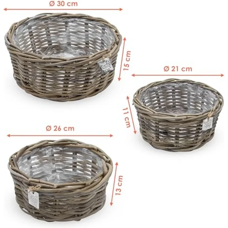Spetebo Pflanzschale Pflanzschale aus Rattan im 3er Set - 30 / 26 / 21 cm (Set, 3 St, Pflanztöpfe), Blumentopf mit Folie ausgekleidet – Bild 2