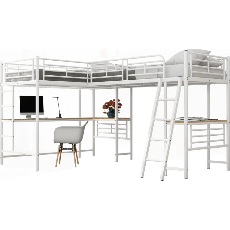 Bett 90x200 cm Hochbett mit Tisch und hohem Geländer, Metallrahmen, platzsparendes Zwei-Ebenen-Design – Bild 6