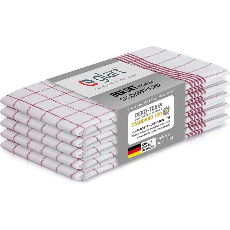 Glart 48KR1 Geschirrtücher 5er Set 50x70 cm rot kariert – 100% Baumwolle, Oeko-TEX Zertifiziert, vorgewaschen, saugstark, waschbar, langlebig, mit Aufhänger, für Haushalt, Küche, Gastronomie, Büro