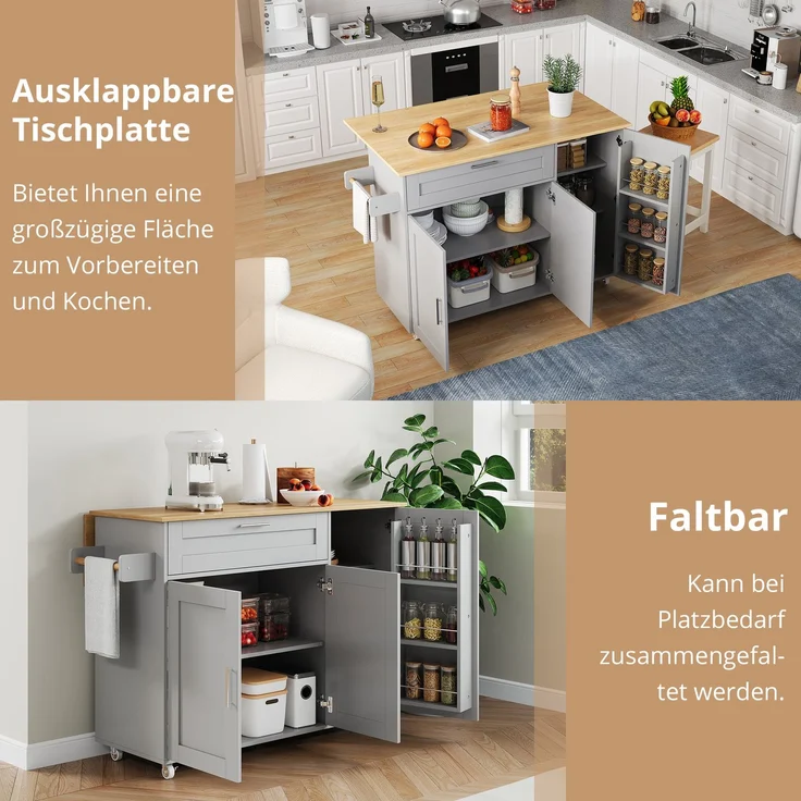 L132.5*B44(70)*H90cm großer mobiler Küchentisch, Arbeitsplatte klappbar, Eiche Maserung, multifunktionaler Schrank, Gewürzregal, Handtuchhalter, 5 Rollen, geeignet für Küche/Essen/Haus – Bild 9