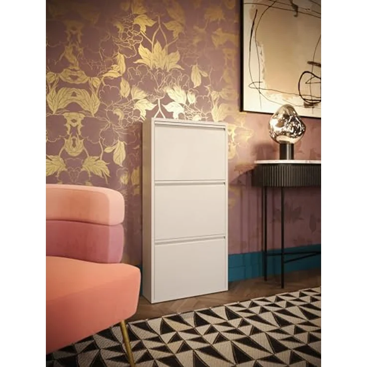 Kare Design Schuhschrank Caruso, Creme, Stahl, mit 3 Klappen, Schuhablage für 6 Paar Schuhe, schmal, platzsparend, hoch, Schuhregal, Eingangsbereich, 104 x 50 x 15 cm (H/B/T) – Bild 3