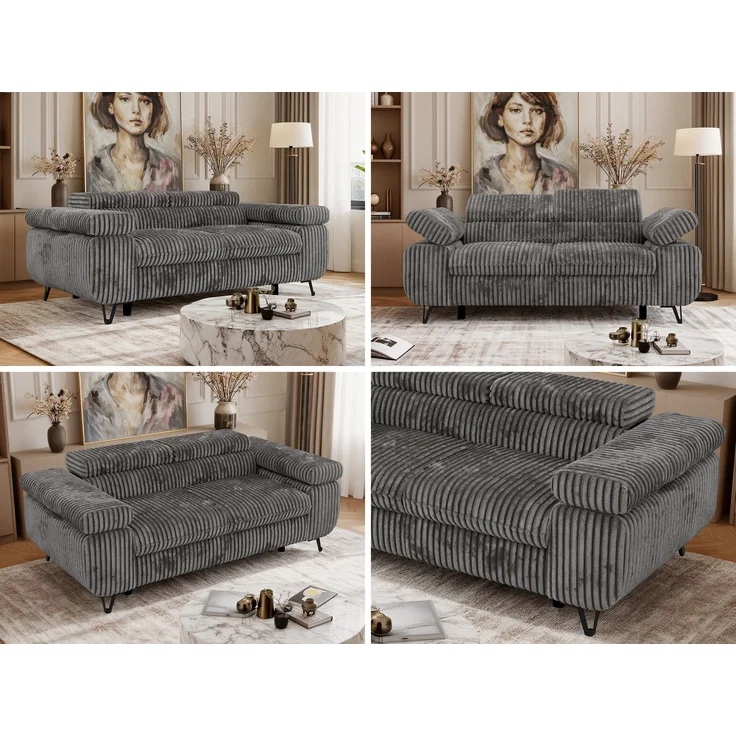 2-Sitzer Polstercouch PETER mit verstellbaren Armlehnen und Kopfstütze, Gepolsterte Couch, Wellenfeder - Dunkelgrau Cord – Bild 2