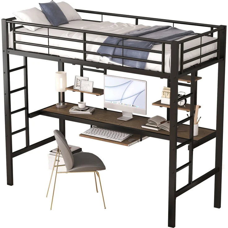 EINHOM Bettgestell Metallbett, Eisenbett, Hochbett mit Schreibtisch und Zwei Bücherregalen für Kinder, Jugendliche und Erwachsene, 90 x 200 cm, Schwarz (Ohne Matratze) – Bild 5