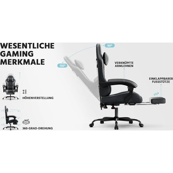 Gamingstuhl mit ergonomischer Form, verstellbarer Rückenlehne & Fußstütze, 58,5x63x120,5 cm, Schwarz/Grau – Bild 10