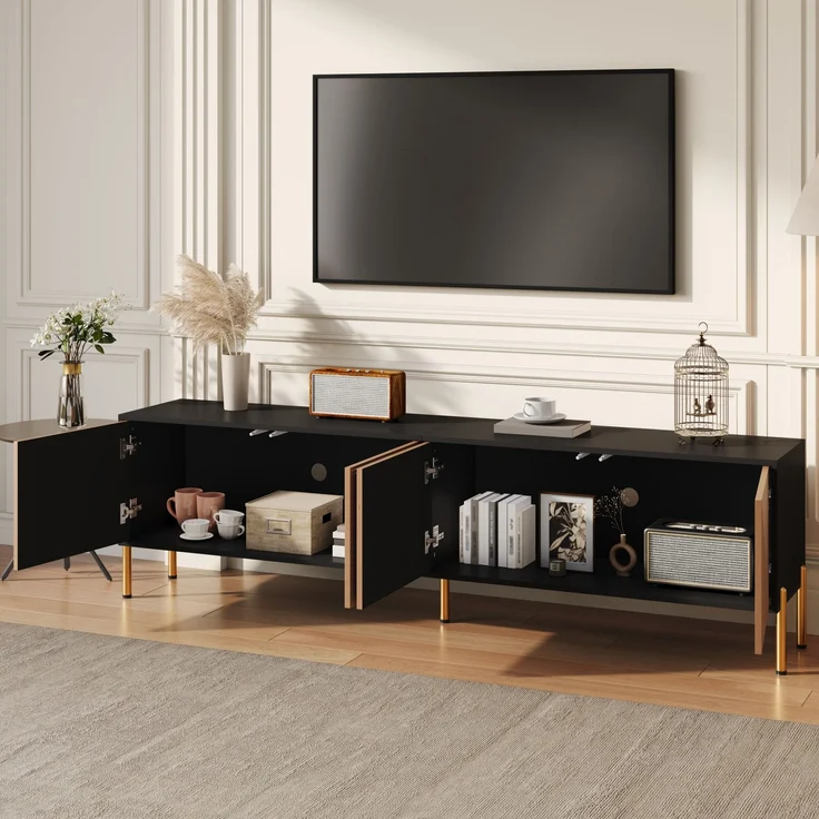 TV-Schrank aus Spanplatte mit 4 Türen & Metallgestell, 179x35x53,5 cm, Schwarz/Natur – Bild 2