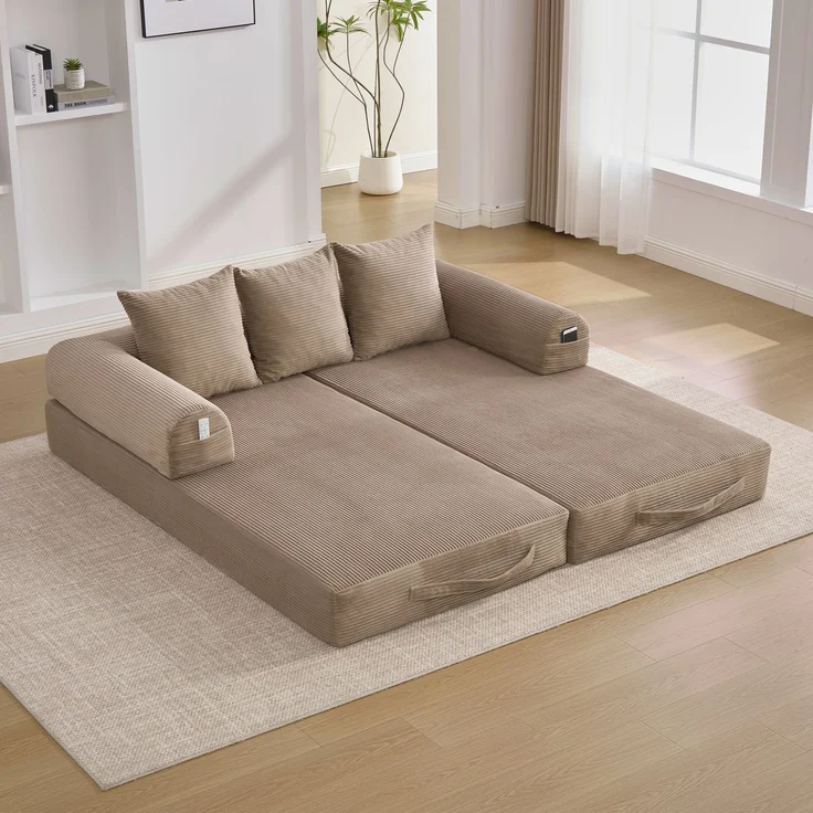 LVHOM Schlafsofa 3 Sitzer, Klappsofa mit Schlaffunktion, Bodensofa, Polstersofa aus CordStoff, Schlafcouch dauerschläfer, frei Kombination, 200x94x67 cm, Khaki – Bild 2