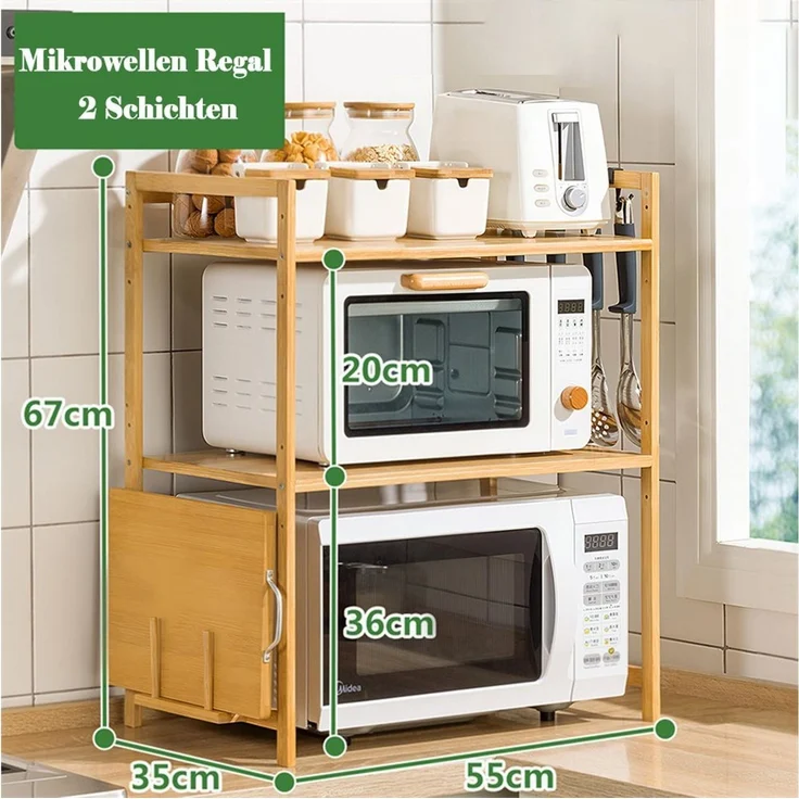TUWENA Regalelement Bamboo Mikrowellen Regal mit Schneidebrettständer und 4 Hacken, Höhenverstellbar Mikrowellenständer für Arbeitsplatte – Bild 2