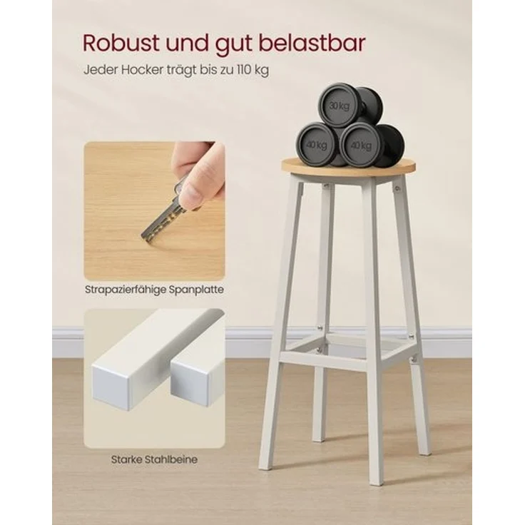 VASAGLE Barhocker, 2er Set, Barstühle, Küchenstühle mit Metallgestell, einfache Montage, 74 cm hoch, mit Fußstütze, für Küche, Wohnzimmer, Esszimmer, goldeichenfarben-weiß – Bild 4