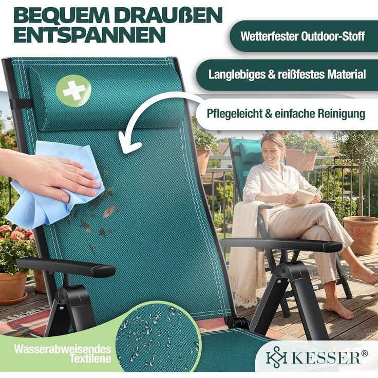KESSER® Gartenstuhl Hochlehner mit Armlehnen | Aluminium Klappstuhl inkl. Kopfkissen Campingstuhl 7-Fach Verstellbar Rückenlehne | Atmungsaktiv & Wetterfest | Klappbar & Anti-Rutsch 1 Stück, Petrol Grün – Bild 6