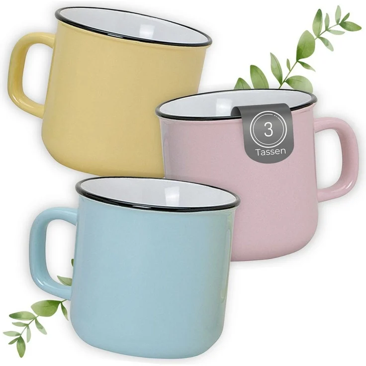 matches21 HOME & HOBBY Tasse Kaffeetassen Emaille-Optik Pastell, Teetassen 3er Set, 350 ml, 3-tlg, Porzellan, Dopamin Deko Kaffeebecher für Tee & Cappuccino – Bild 1