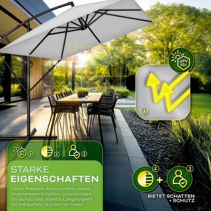 tillvex® Alu Sonnenschirm Rechteckig Ø 330 cm Grau + Abdeckung mit Kurbel | Ampelschirm Eckig mit Ständer & Windschutz | Gartenschirm UV-Schutz Aluminium | Kurbelschirm Marktschirm wasserdicht 360° drehbar – Bild 2