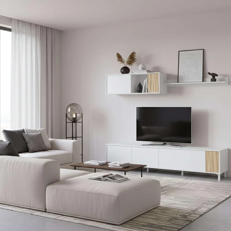 Habitdesign, Wohnzimmermöbel mit großem Stauraum, 5 Drehtüren und 1 Klapptür, in Artik weiß und Natur, moderner Stil für Esszimmer, Maße: 200 x 47 x 40 cm (B x H x T), Modell Ethna – Bild 6