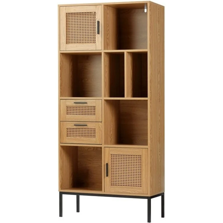 kamelshopping Standregal Wohnregal in Rattan-Optik mit 2 Türen, 2 Schubladen und 6 Fächer, Wohnzimmer-Regal aus Metall / MDF-Holz, stehend, 75 x 167,5 x 35 cm – Bild 4