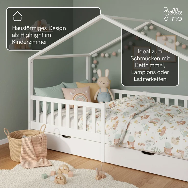 Bellabino 'Bia' Hausbett 90x200 cm mit 2 Schubladen, weiß, Kiefer Massivholz, Montessori Kinderbett mit Stauraum, inkl. Rausfallschutz und Lattenrost – Bild 8