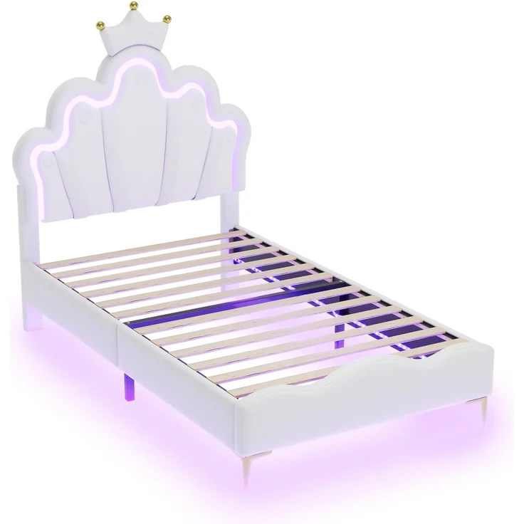 Merax Einzelbett, Polsterbett 90*200cm, Kinderbett kronenförmiges Prinzessinnenbett, weiche Polsterung aus PU-Leder, verstellbarer LED-Umgebungslichtstreifen, weiß – Bild 9