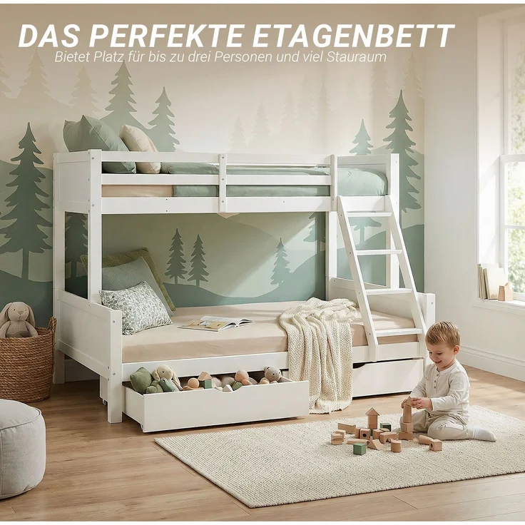 Etagenbett 90x200 und 140x200 Kinder mit 2 Bettkästen Weiß Holz Doppelstockbett Jugendbett Hochbett Stockbett – Bild 7