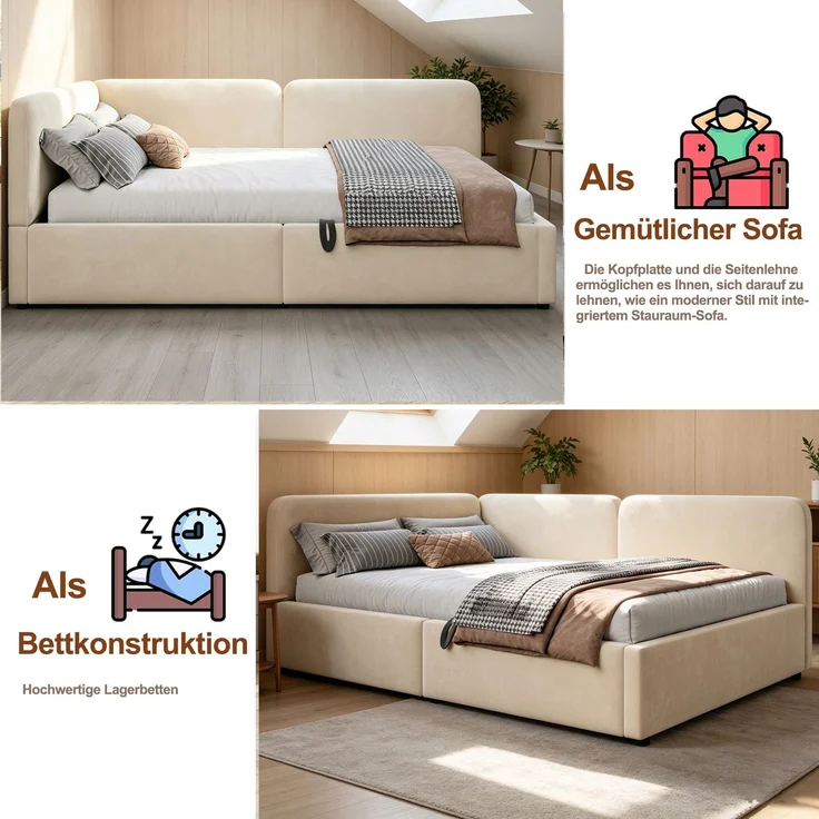 LVHOM Polsterbett 140x200 mit Stauraum, Samt Tagesbett mit Hydraulik, 2-in-1 Schlafsofa Bettgestell mit Lattenrost, Einzelbett, Beige – Bild 3