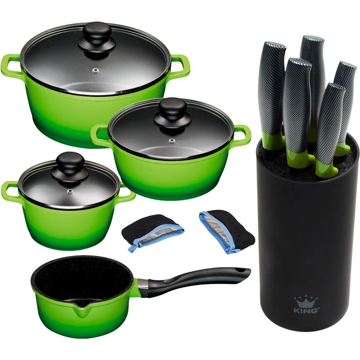 KING Topf-Set, Aluminiumguss (Set, 10-tlg, 4 Töpfe, 3 Deckel, 1 Messerblock, 5 Kochmesser), Induktion – Bild 1