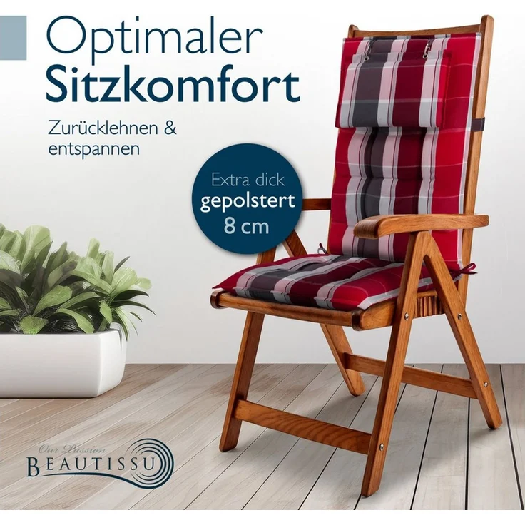 Beautissu Hochlehnerauflage 4er Set Sun-HL Hochlehner Auflage 120x50x8cm Rot-Anthrazit-Gestreift, Mit Kopfpolster, rutschfest & robust – Befestigungsbänder, UV 5 – Bild 4
