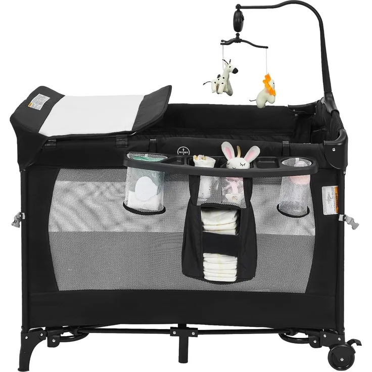 5-in-1 Babybett, Reisebett faltbar mit Rollen, Beistellbett Baby mit Matratze & Wickeltisch, Spieluhr & Hängespielzeug, 2 Ebenen Kinderbett, Stubenwagen mit Reisetasche, für Baby bis 15 kg (Schwarz)