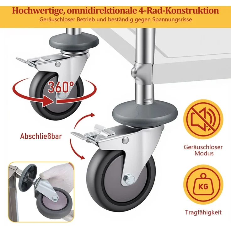 Home Nature Wohnkonzept 3-stufiger Servierwagen / Küchenwagen aus Edelstahl – platzsparender Rollwagen mit Universalrollen, 90 × 45 × 85 cm – Bild 3