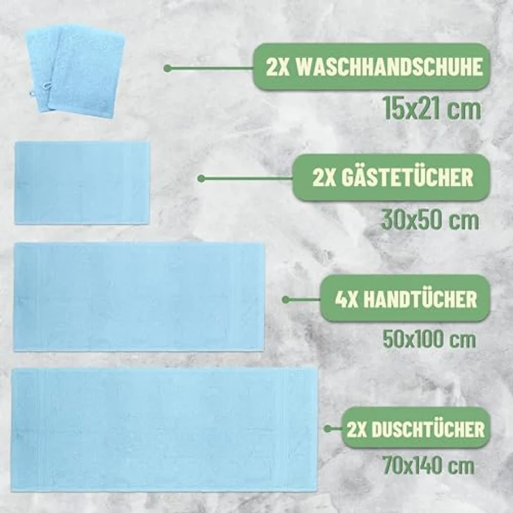 Green Mark Handtuch-Set mit 10 Teilen – 100% Baumwolle – 4 Handtücher 50×100 cm, 2 große Duschtücher 70×140 cm, 2 Gästetücher 30×50 cm und 2 Waschhandschuhe – Hellblau – Bild 3