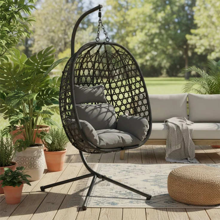 STEELSØN 'Sarin' Hängesessel mit Metallgestell, höhenverstellbar und faltbar, wetterfest, Polyrattan, dunkelgrau/schwarz, bis 150 kg belastbar, inkl. Kissen – Bild 8