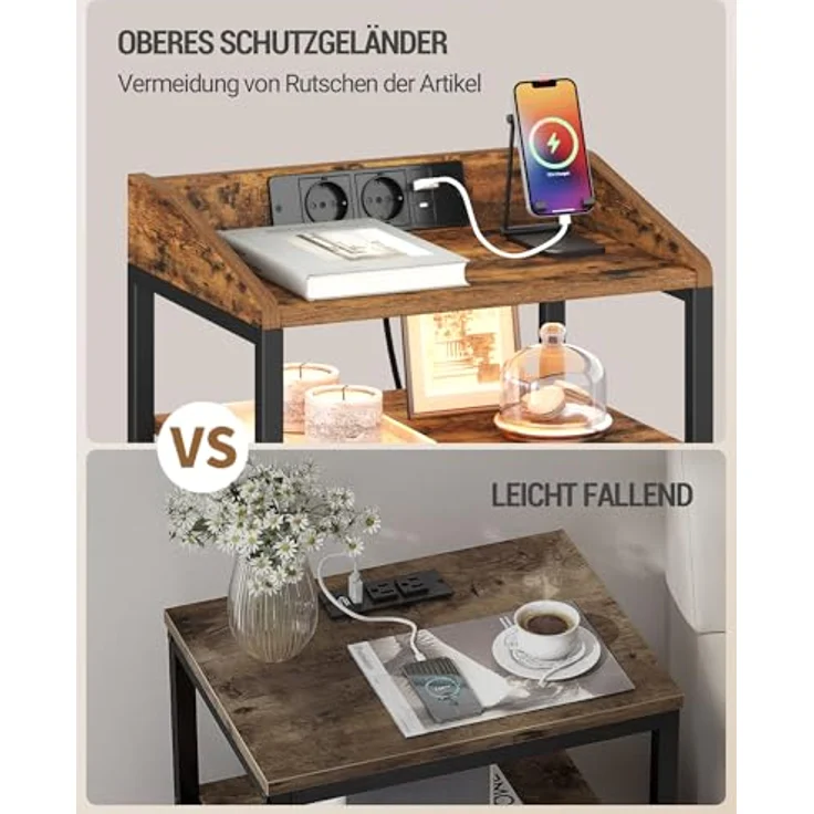 Nachttisch mit LED-Leuchten und ladefunktion, Beistelltisch mit 3 Stoff-Schubladen mit USB-Anschlüssen & Steckdosen, für Schlafzimmer, Wohnzimmer, Schwarz – Bild 6