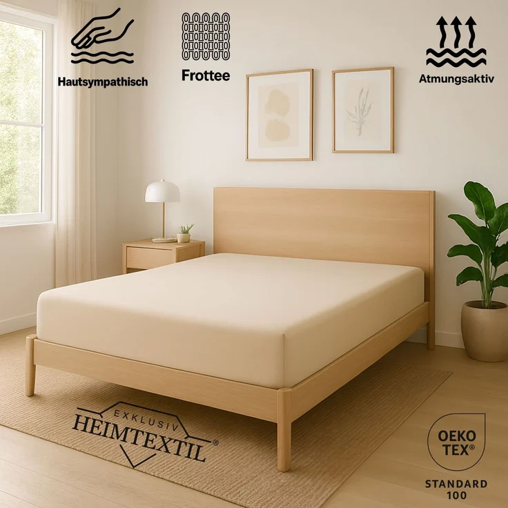 EXKLUSIV HEIMTEXTIL Frottee Spannbettlaken 200 x 220 cm Naturweiß 80% Baumwolle 20% Polyester Öko - Tex Zertifiziert Bed-Sheet Bettlaken Spannbetttuch Topper Leinentuch – Bild 2