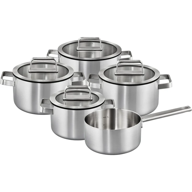 Hanseatic Topf-Set PREMIUM, Edelstahl (Set, 9-tlg, Kochtopf 1x 16 cm / 2x 20 cm / 1x 24 cm, Stielkasserolle 16 cm), handfreundliche Griffe, Literskala, Glasdeckel, Induktion – Bild 5