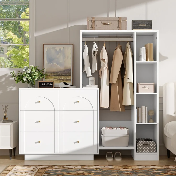 Moderner Mehrzweck-Kleiderschrank, offene Garderobe mit Kleiderstange, 6 Schubladen und Seitenregalen, Schlafzimmer-Aufbewahrungsschrank, Weiß, 139 × 35 × 133 cm--Weiß--139x35x133cm--YOUDENOVA – Bild 5