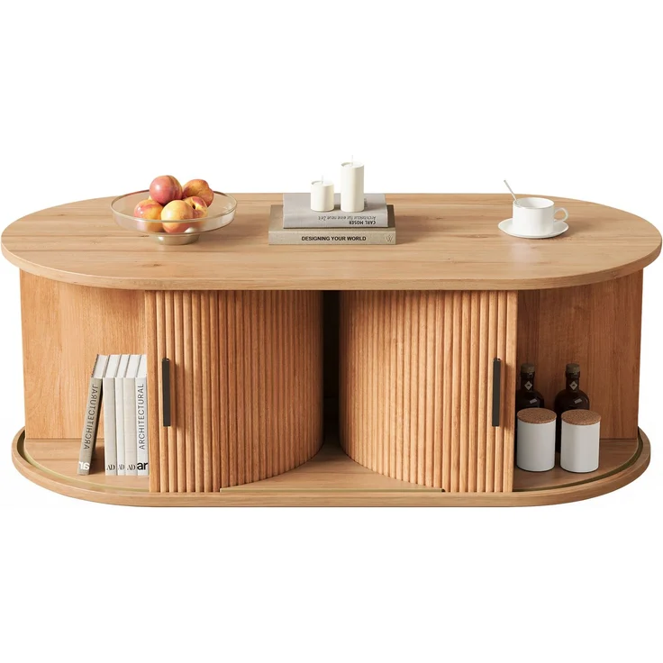 Couchtisch 100 x 50 x 33 cm, mit ovaler Tischplatte, mit verdeckt liegendem Stauraum, aus MDF und Spanplatte, Naturfarben – Bild 16