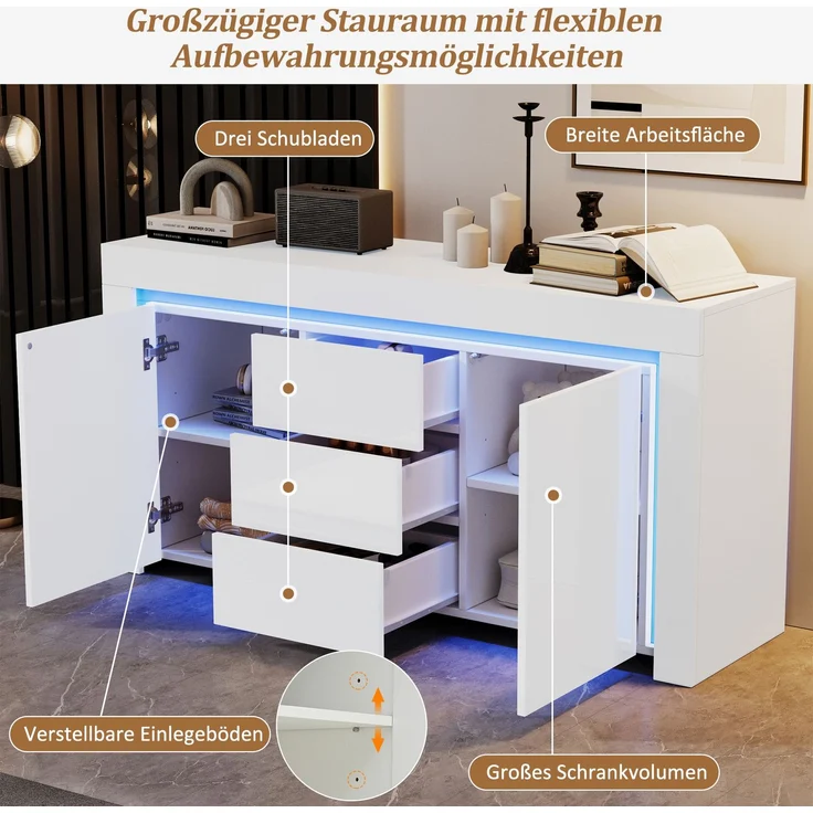 Merax Sideboard, Kommode mit 3 Schubladen, 2 Türen, Hochglanz Beistellschrank mit LED-Lichtleiste, Wohnzimmerschrank mit Stauraum, Weiß – Bild 8