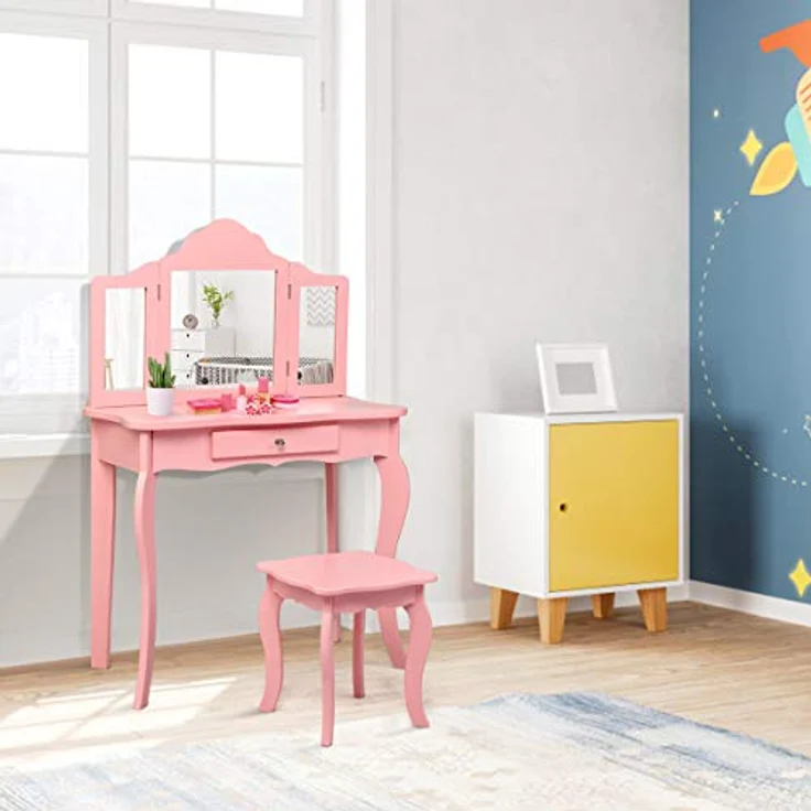 COSTWAY 2 in 1 Kinder Schminktisch mit Hocker, Frisiertisch mit 3-Fach abnehmbarem Spiegel & Schublade, Kosmetiktisch Mädchen Holz, 70 x 34 x 103 cm (Rosa) – Bild 10
