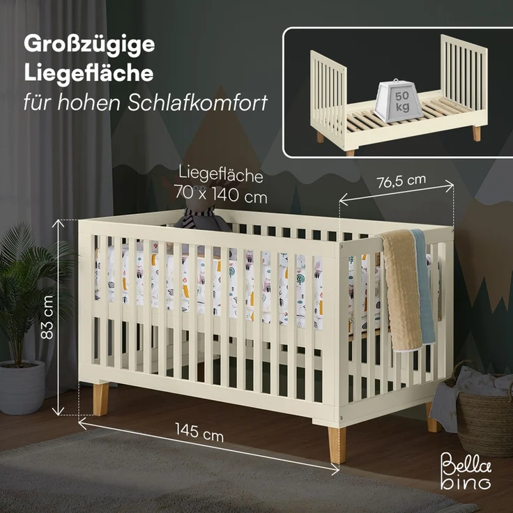 Bellabino 'Liri' Babybett 70x140 cm, beige, 3-fach höhenverstellbar, Kinderbett umbaubar zum Juniorbett (inkl. Umbauseiten) – Bild 6