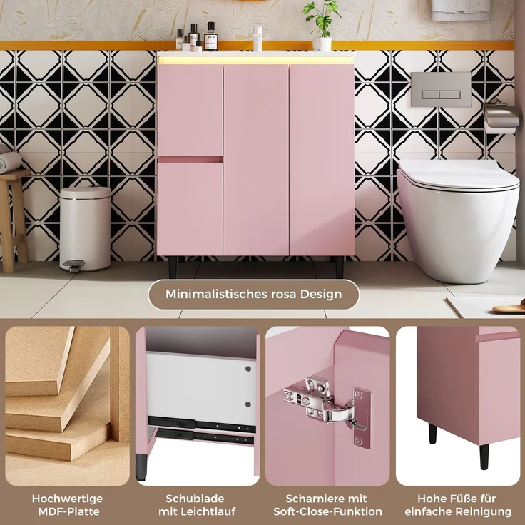 Waschtischunterschrank 76x47x89 cm in Rosa, mit Keramikbecken und LED-Sensorlicht – Bild 6